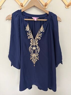 Lilly Pulitzer Navy Tunic with Gold Embroidered V-Detail